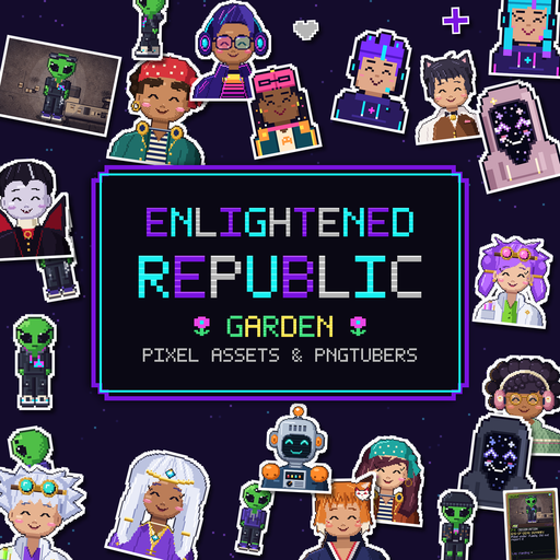 Enlightened Republic Garden logo: pixel assets and PNGTubers, surrounded by pixel-art avatar stickers